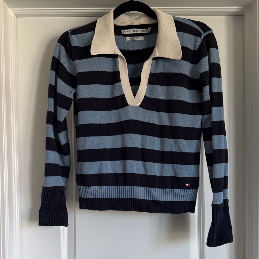 Vintage 90s Made in Japan- Tommy Hilfiger Striped V‑Neck Polo Sweater
